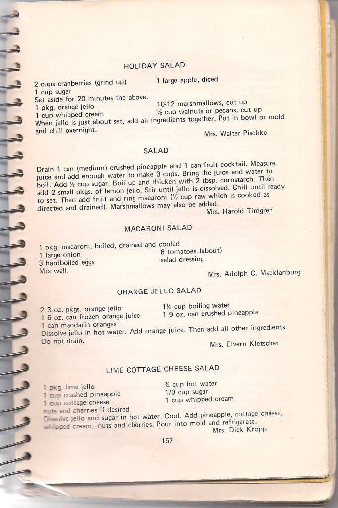 A selected page of salad recipes published in The Cook's Special, published in 1973 by St. John's Lutheran Church, Vesta, MN. That's my mom's