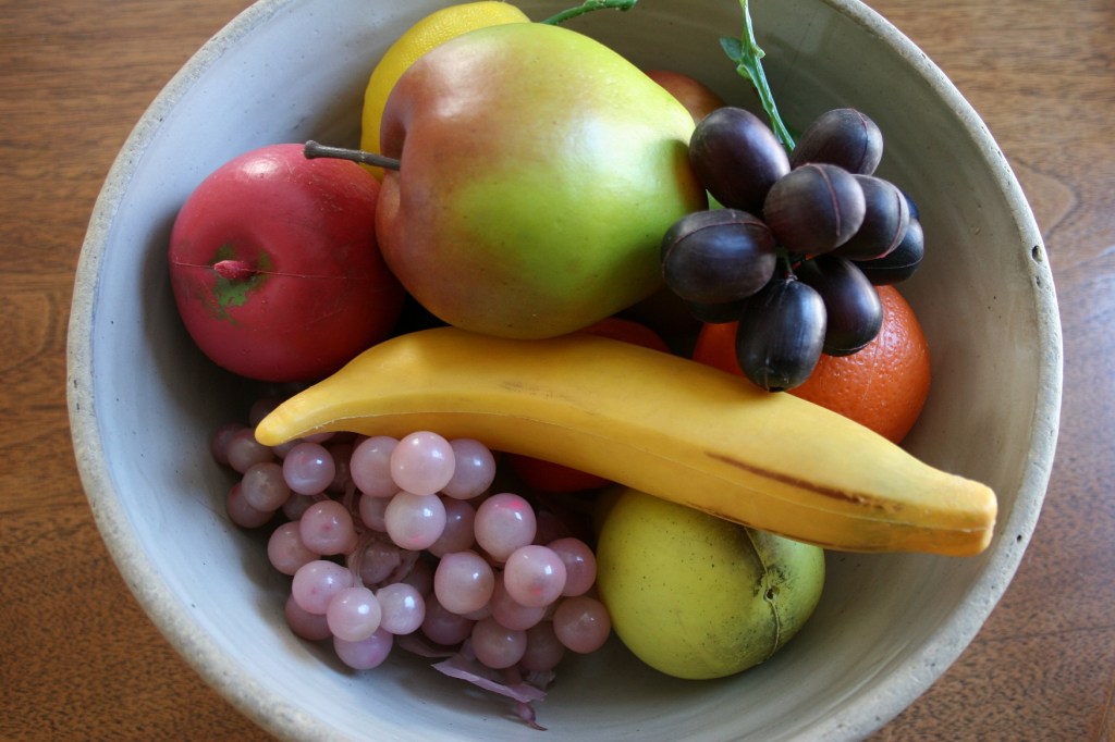 The only grapes you will find sitting out at my house for Thanksgiving are these grapes in a bowl of vintage fake fruit I got from my mom in September. I'd guess they are vintage 1950s or 1960s.