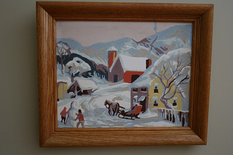 Behind the Christmas tree hangs this paint-by-number winter scene painted by my Great Grandma Anna. This was the perfect addition to my paint-by-number collection.