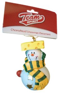 A clearer image of the Packers Cheesehead snowman from the Green Bay Packers Shop.
