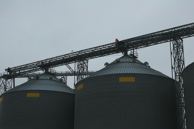 Grain bins, like these in Sleepy Eye, mark the prairie.