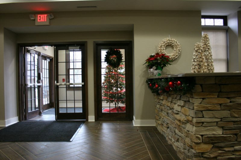The lobby and entry, simply and beautifully decorated for the holiday.