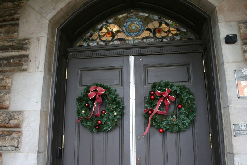 Wreaths aplenty, including these on the entry to Shumway Hall, decorated the campus.