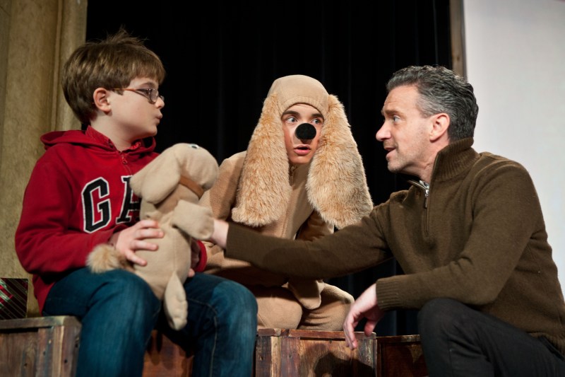The Santa Diaries actors, left to right, Thomas Drenth as Timmy; Samuel Temple as Marley the Dog; and Michael Lambert as Will Hawes. Photo by Edward Brown and courtesy of The Merlin Players.