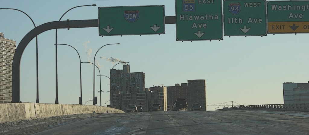 Southbound on Interstate 35W over the Mississippi River near downtown Minneapolis.