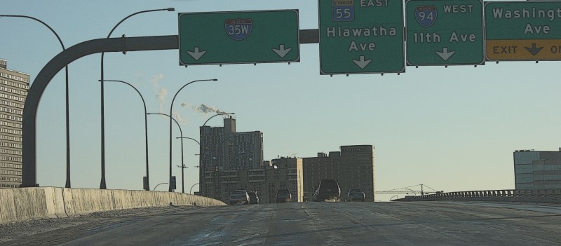Southbound on Interstate 35W over the Mississippi River near downtown Minneapolis.