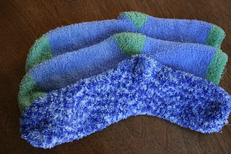 Fuzzy slipper socks keep my feet warm.