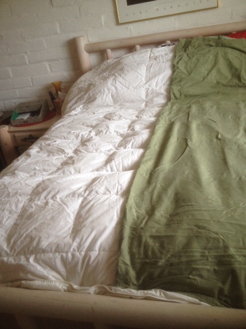 The prize: a toasty warm white down comforter, left, with a green duvet cover, right.