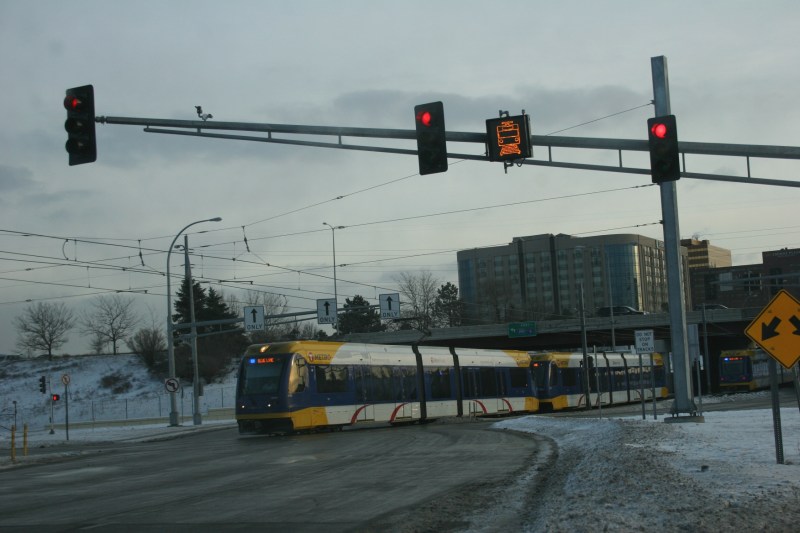 The light rail heads toward the Minneapolis-St. Paul International Airport.