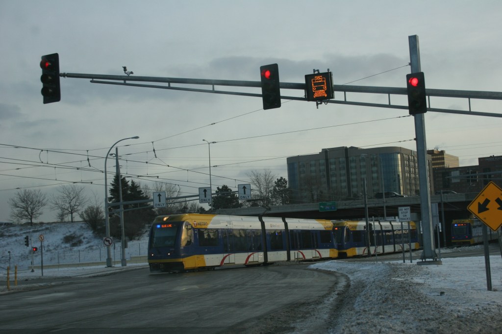 The light rail heads toward the Minneapolis-St. Paul International Airport.