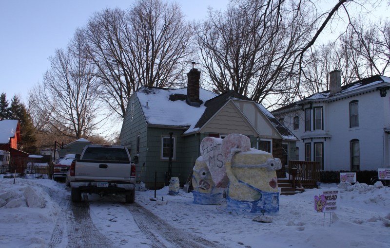 Snow sculpture, Minions in yard