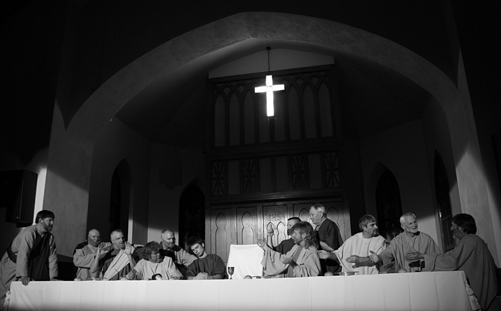 The cast of the 2012 The Last Supper Drama poses like the Leonardo da Vinci painting.