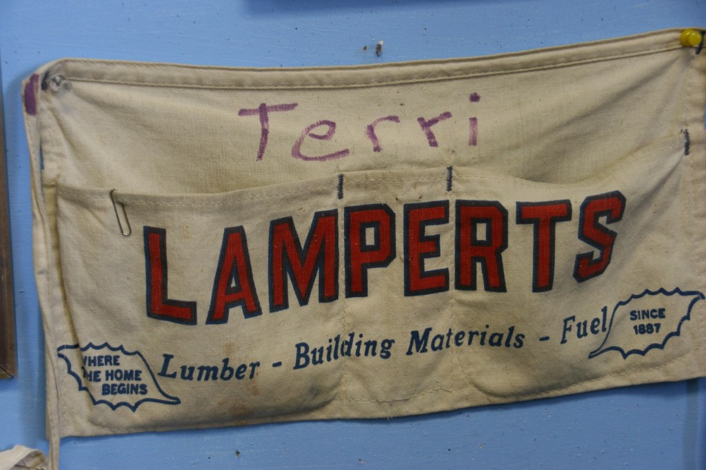I was delighted that this apron was saved and displayed in The Farmers and Merchants Room. Lumber yards were once such an important business in small towns.