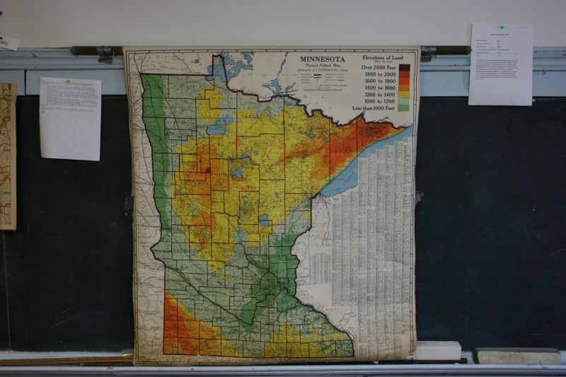 Pull-down maps like this one of Minnesota remain in some classrooms.