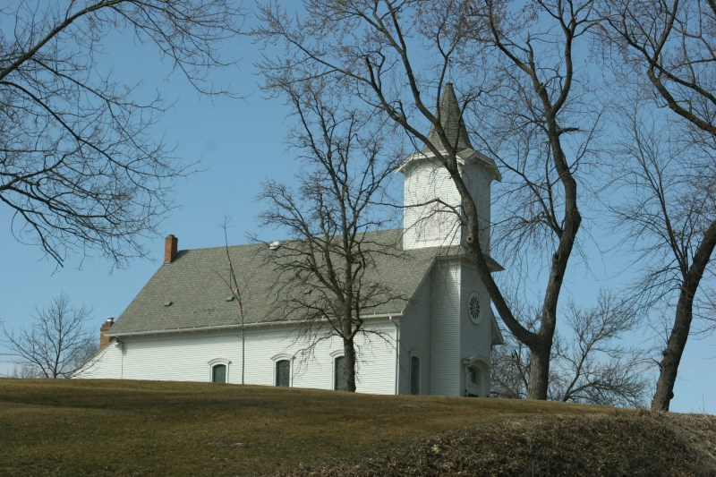 First Presbyterian Church, constructed in 1871, sits atop a hill.