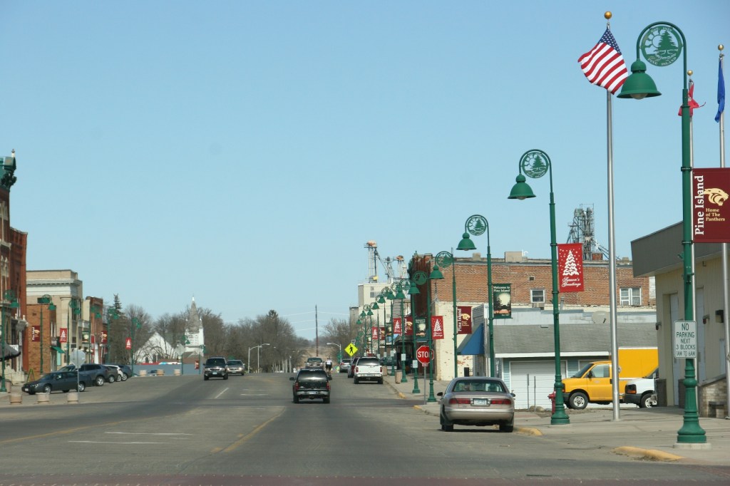 A view of Pine Island's Main Street while driving into the downtown.