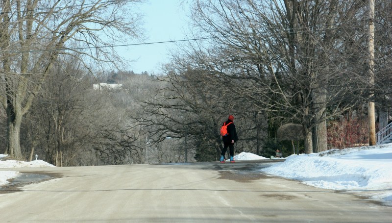 Whew, he turns right instead of proceeding downhill.