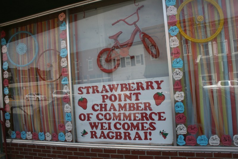 Signage remained from  RAGBRAI, the bike ride across Iowa.