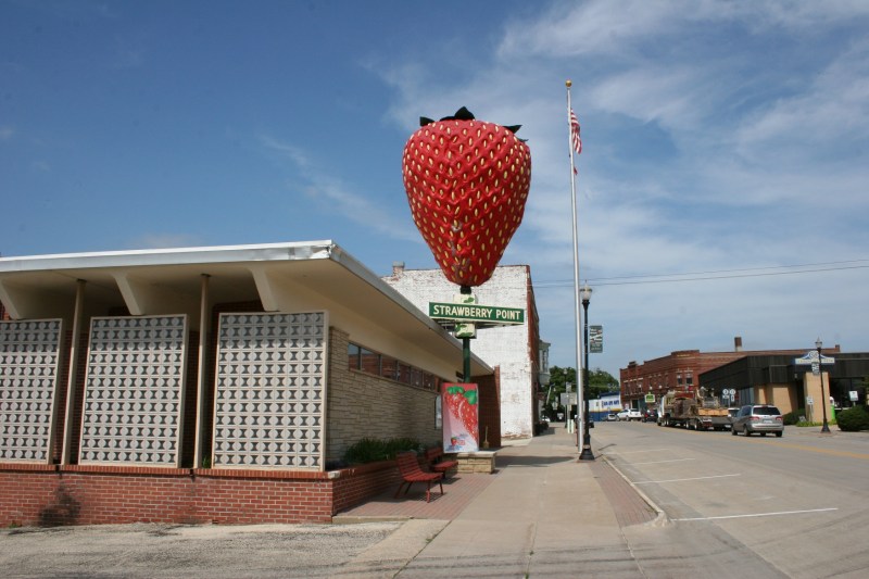 The strawberry sculpture sits in the heart of downtown Strawberry Point.