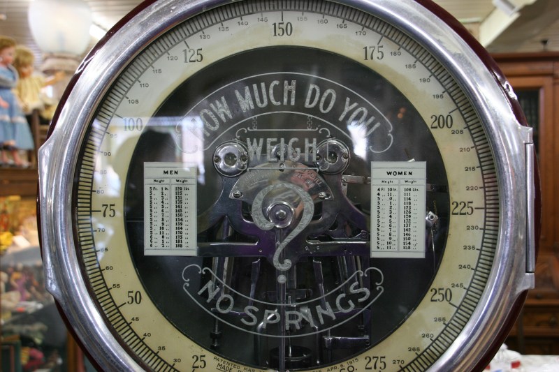 One of Gordy Cariveau's favorite finds, and old scale which weighs accurate. According to charts on the scale, a 5'11" man should weight 170 pounds, for example. And a 5'5" woman, 132 pounds. 