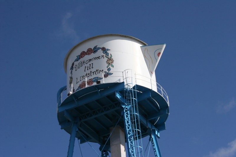 The town's 1908 water tower, converted to a Swedish coffee pot in 1992, sports umlauts.