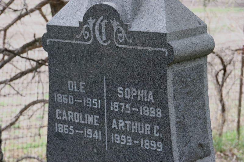 Ole Christiansen, who lived to age 91, came from Norway. His first wife, Sophia Swenson, died. He then married Caroline.