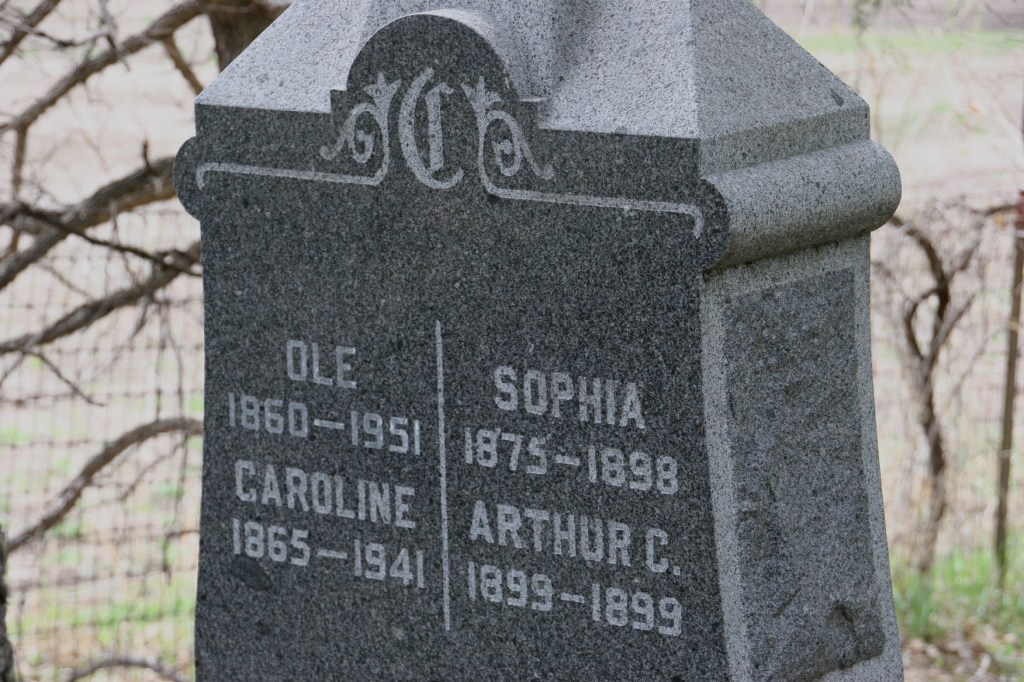 Ole Christiansen, who lived to age 91, came from Norway. His first wife, Sophia Swenson, died. He then married Caroline.