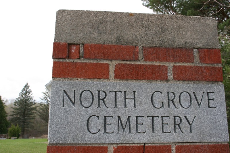 A marker at the entry to North Grove Church and Cemetery in Cannon City Township, rural Rice County, Minnesota.