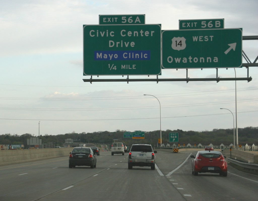 The southbound exit off U.S. Highway 52 which took us to the Rochester Civic Center Theater.