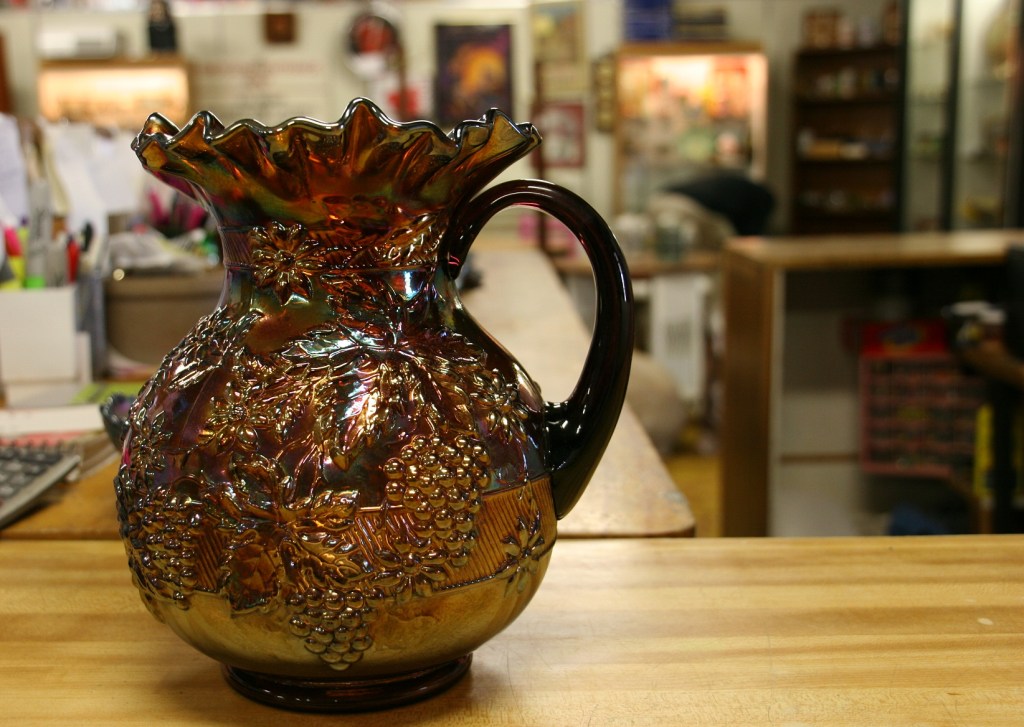 Even collectible glassware is art, including this Carnival glass pitcher at Collectors Wonderland.