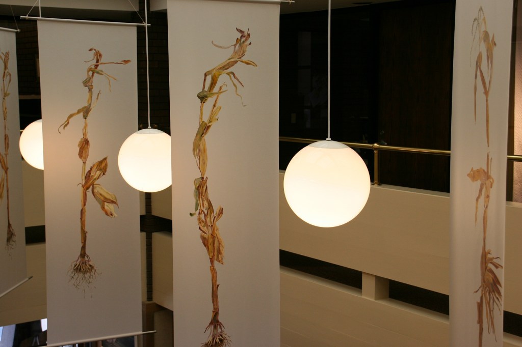 Inside the Clear Lake Arts Center, I delighted in these cornstalk panels suspended from the ceiling.