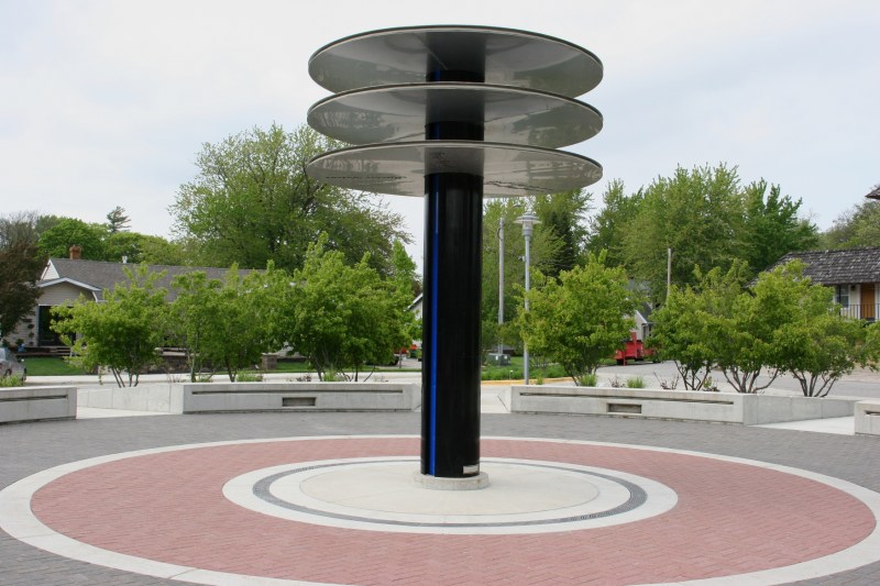 This stacked album sculpture in Three Stars Plaza next to the Surf Ballroom honors Buddy Holly, Ritchie Valens and J.P. "The Big Bopper" Richardson. All three musicians died in a 1959 plane crash near Clear Lake after performing at the Surf.