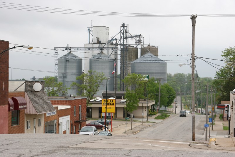 At the top of the hill looking down the street we just traveled to reach downtown Forest City and courthouse square.