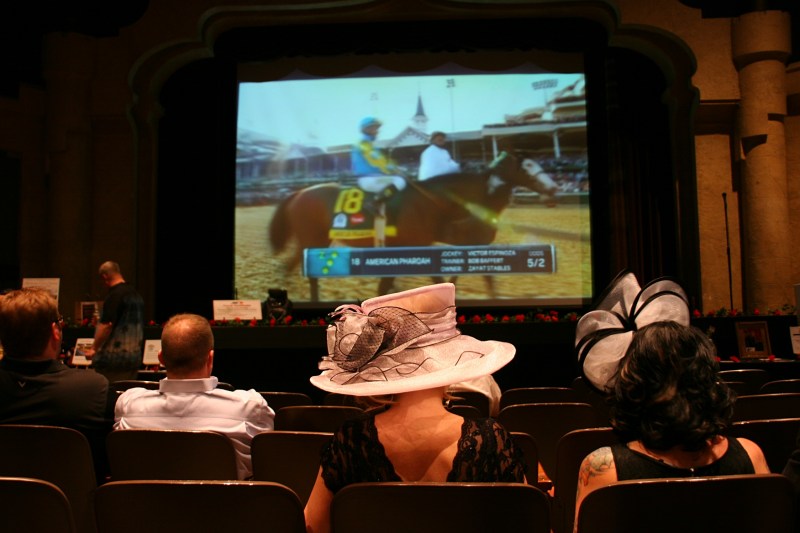 Fans watched the race on the big screen in the theatre.