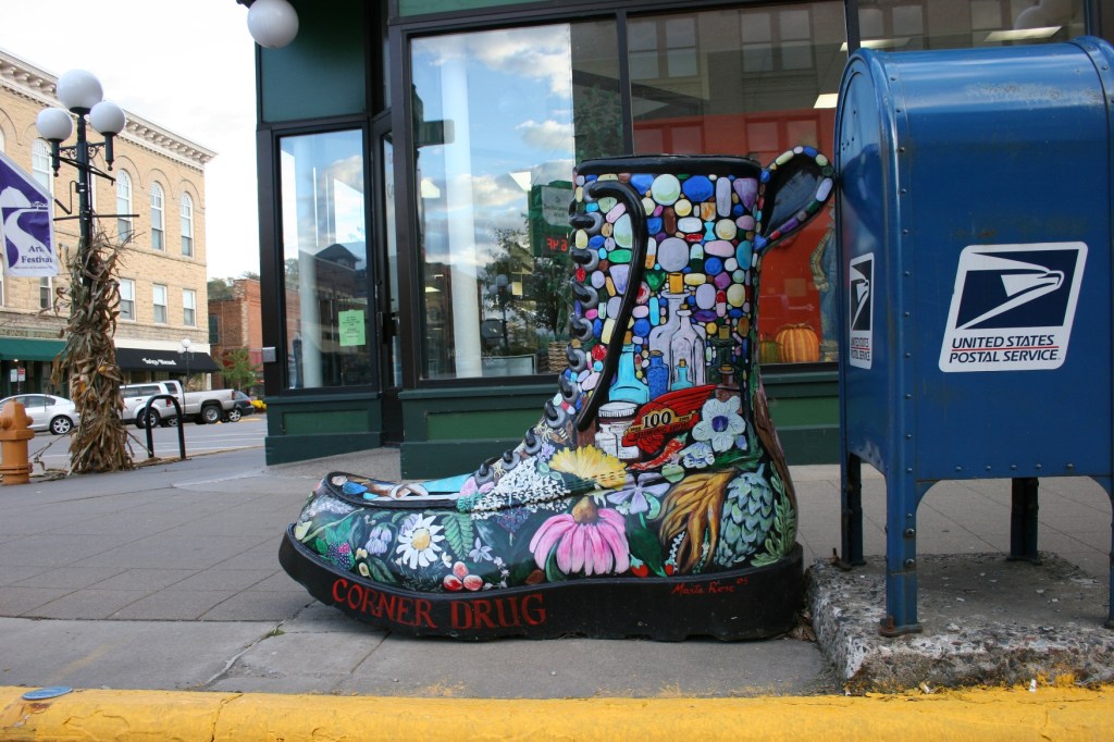 Boot sculptures scattered throughout the downtown honor Red Wing shoes.