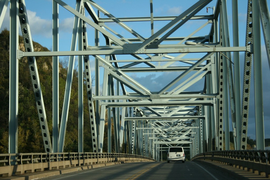 Crossing the Mississippi River bridge from Wisconsin into Red Wing, Minnesota.