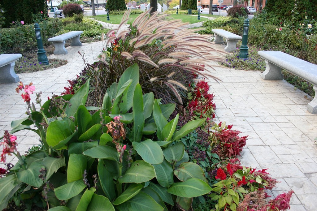 Flowers, grasses and other plants grace a park in the heart of the downtown.