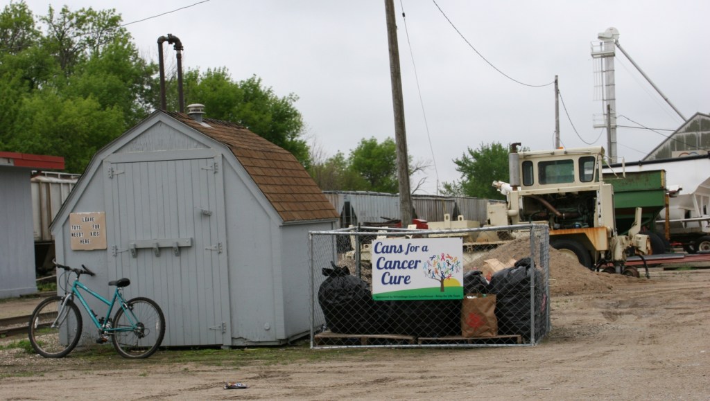 This collection site for cans for Relay for Life and for toys for needy kids shows me this is a community that cares.