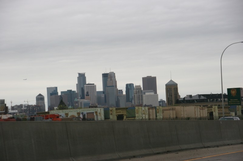 A concrete divider separates lanes on a particularly curvy stretch of Interstate near downtown Minneapolis.