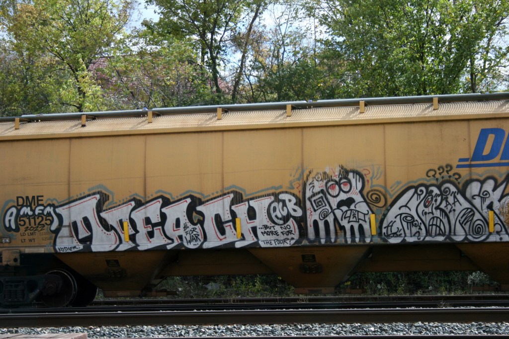 Trains run along the river by the grain elevators.