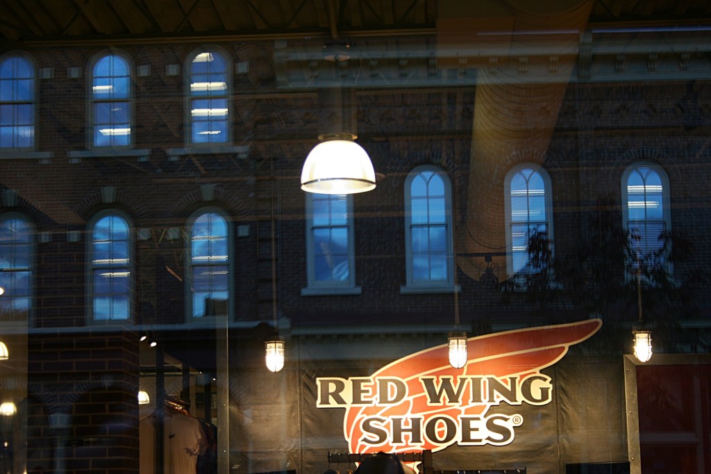 Night-time outside the Red Wing Shoe Store.