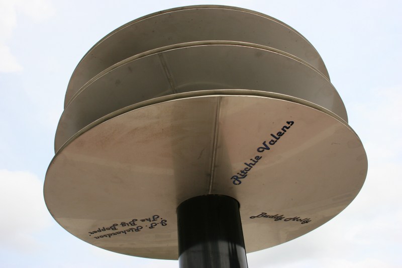 About a block away, this outdoor sculpture at Three Stars Plaza honors Holly, Valens and Richardson.