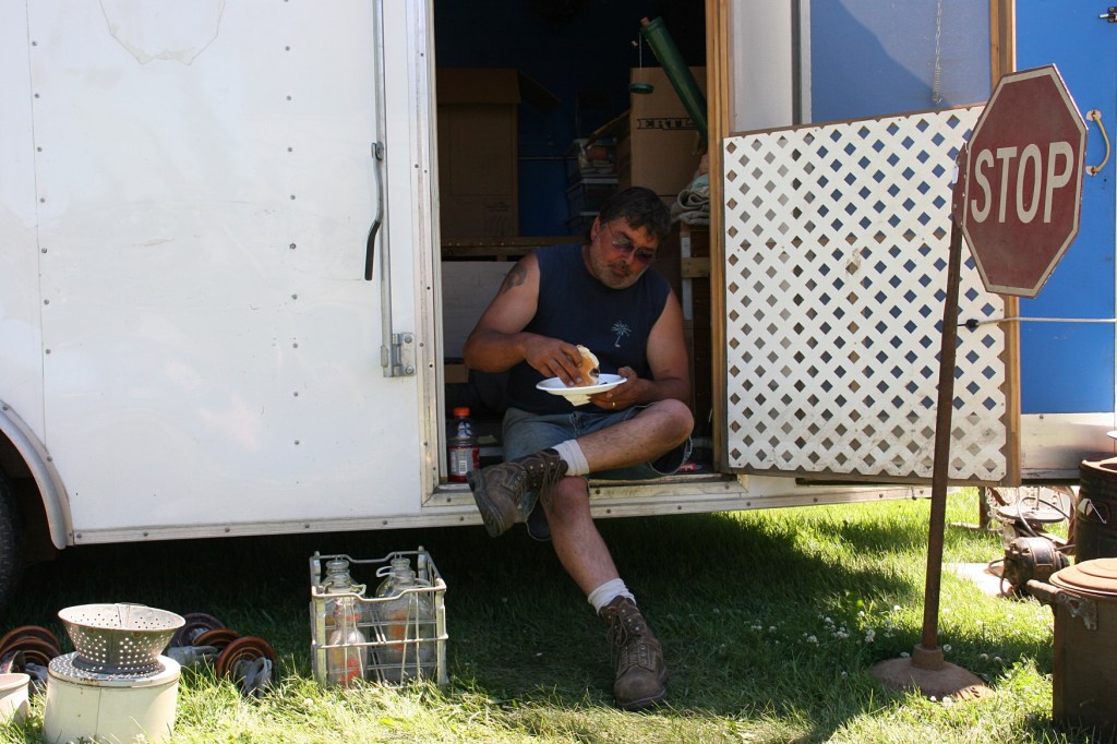 A vendor takes a lunch break.