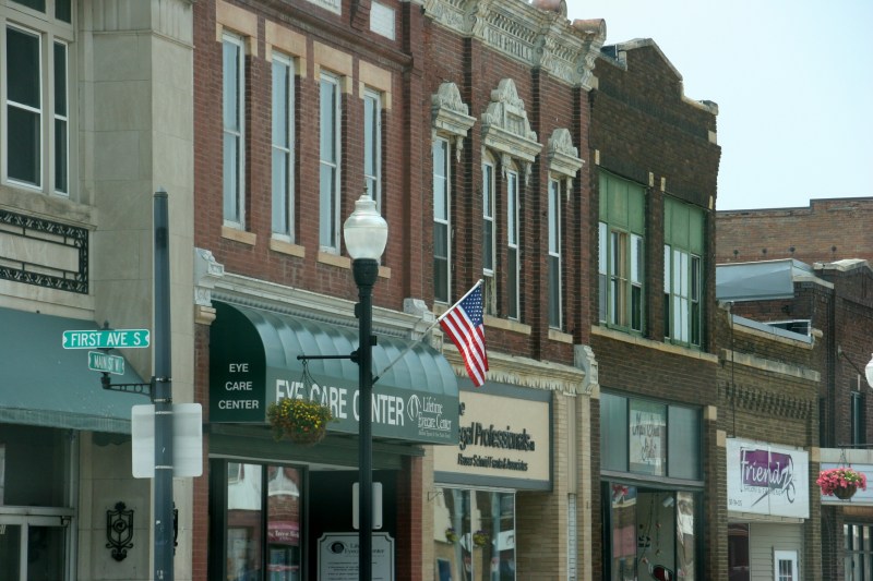 A close-up of a flag in downtown Sleepy Eye.