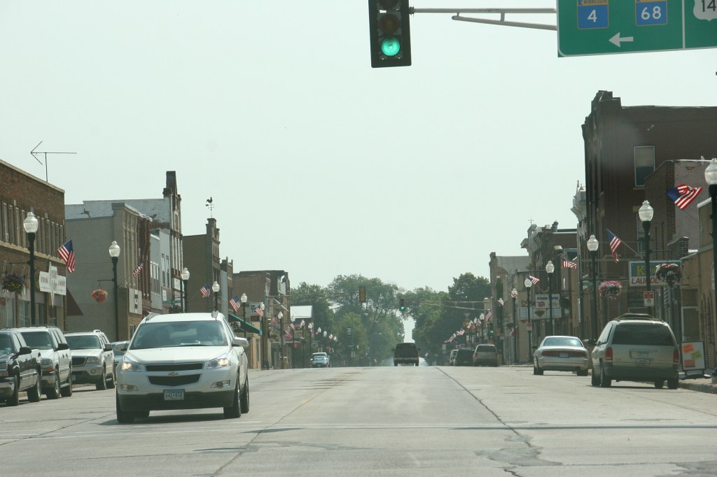 American flags line U.S. Highway 14 in downtown Sleepy Eye.