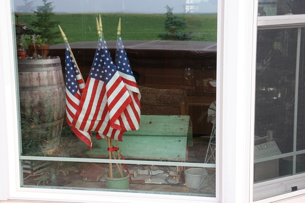 Flags in a window overlooking the patio at my brother and sister-in-law's home.