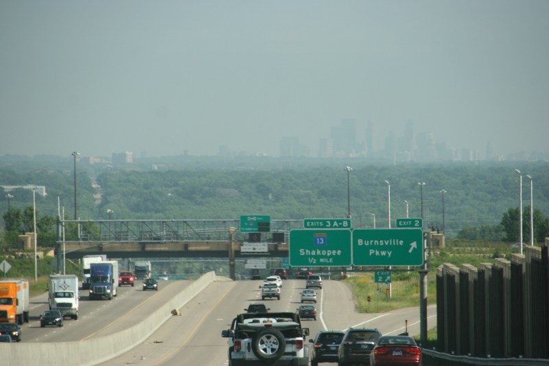 The Minneapolis skyline as photographed from Interstate 35 in Burnsville.
