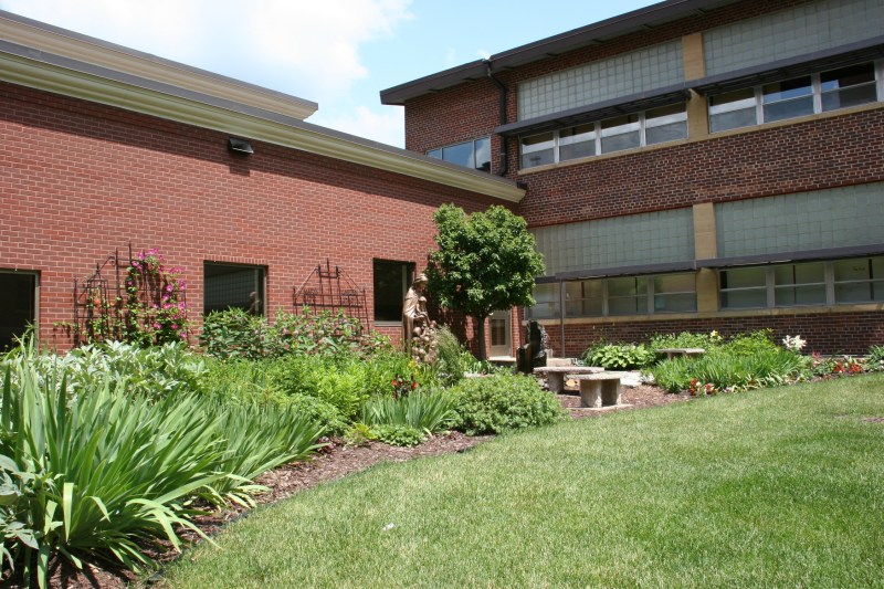 An overview of Mary's Garden, located between church and school.