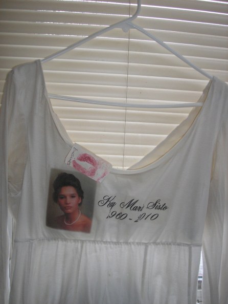 This shirt was added to The Clothesline Project four years ago by Kim Sisto-Robinson of Duluth. It honors her sister Kay, who was murdered by her husband in 2010.