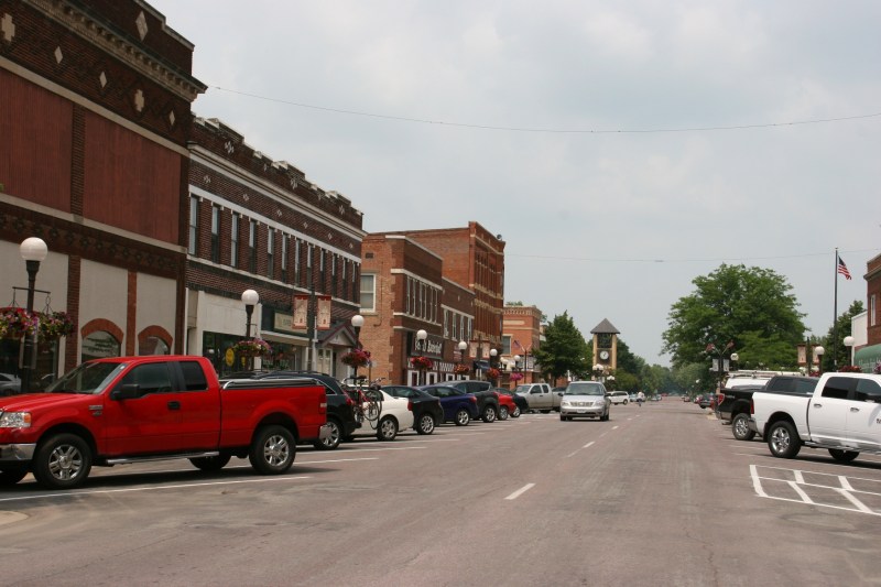 A portion of New Ulm's downtown business district with the Glockenspiel, another of the city's "Top Ten Things to See," in the background.